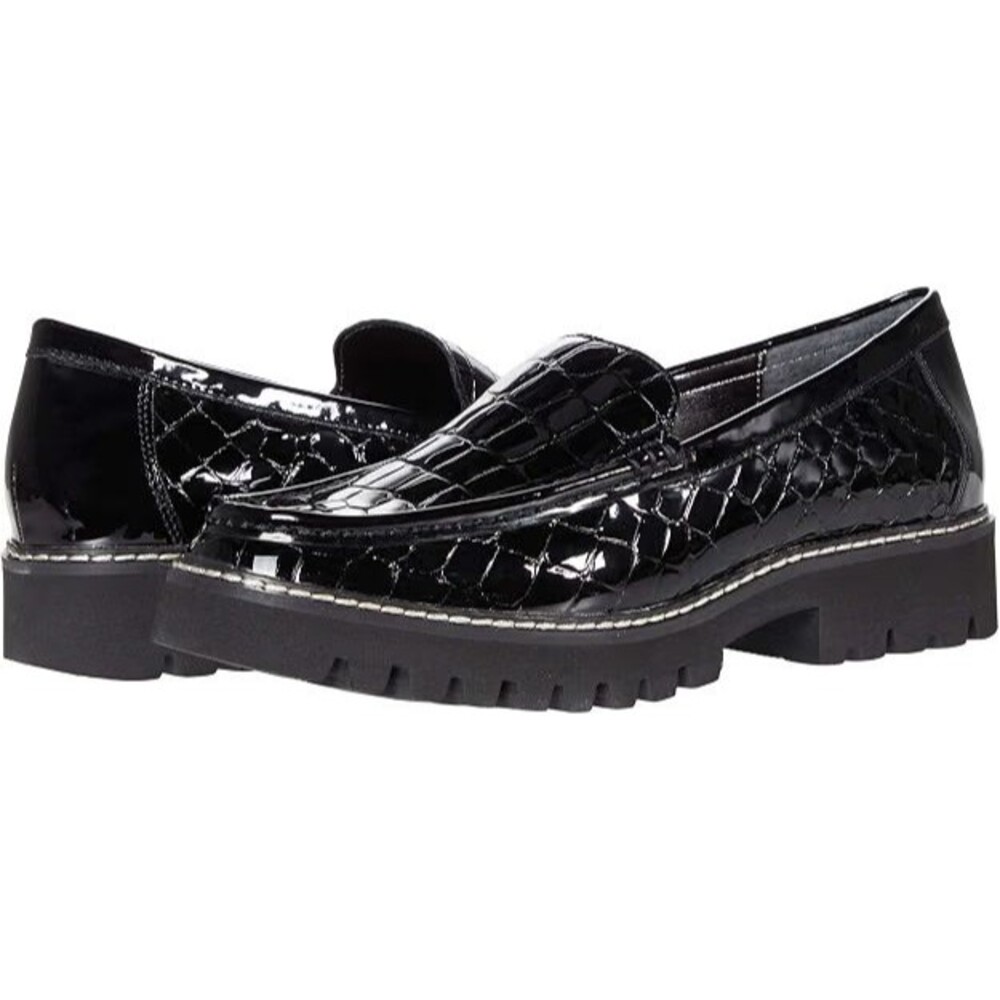 Donald Pliner Women's Hope Crocco Patent Leather Loafers Black Chunky Heel Sz 8M